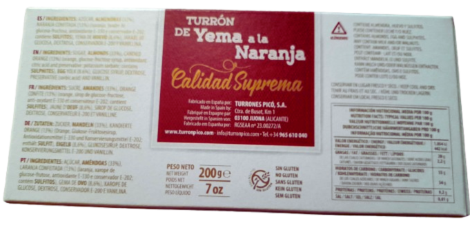 Touron de Yenna à l' Orange Pico - Sans gluten - Tablette 200 g